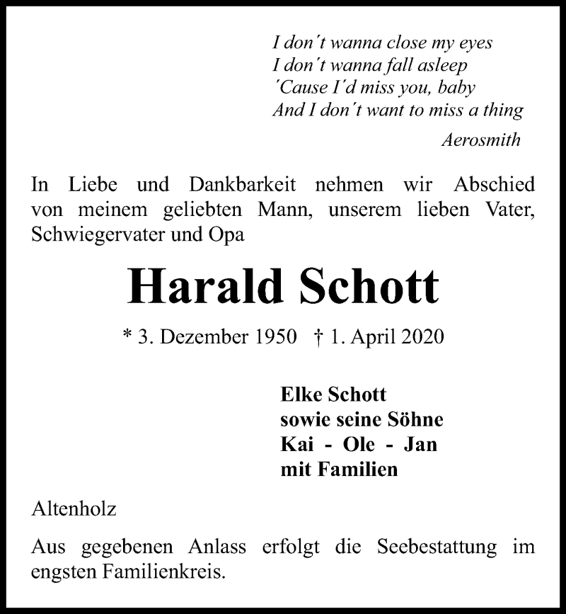  Traueranzeige für Harald Schott vom 04.04.2020 aus Kieler Nachrichten