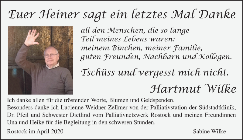  Traueranzeige für Hartmut Wilke vom 25.04.2020 aus Ostsee-Zeitung GmbH