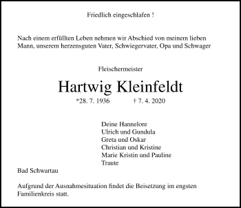 Traueranzeige von Hartwig Kleinfeldt von Lübecker Nachrichten