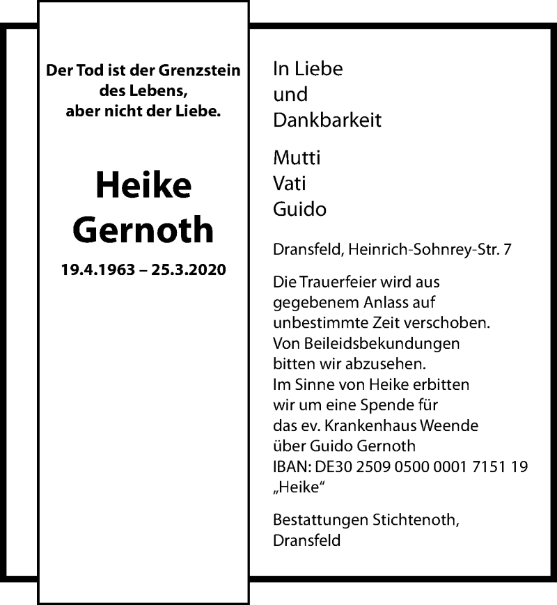  Traueranzeige für Heike Gernoth vom 04.04.2020 aus Göttinger Tageblatt