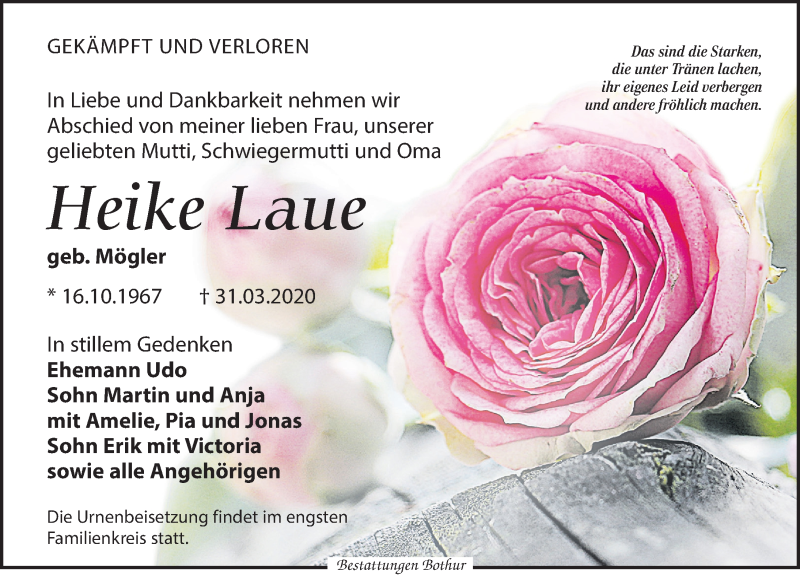  Traueranzeige für Heike Laue vom 11.04.2020 aus Leipziger Volkszeitung