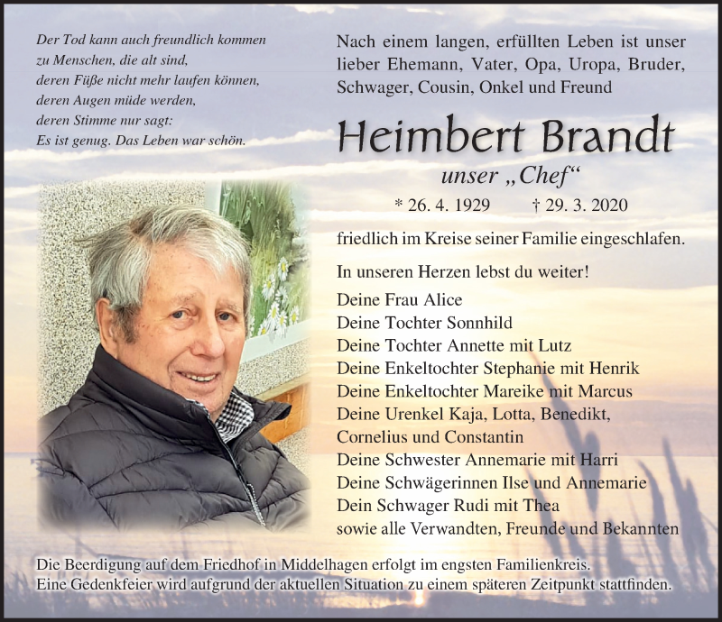  Traueranzeige für Heimbert Brandt vom 04.04.2020 aus Ostsee-Zeitung GmbH