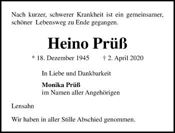 Traueranzeige von Heino Prüß von Lübecker Nachrichten