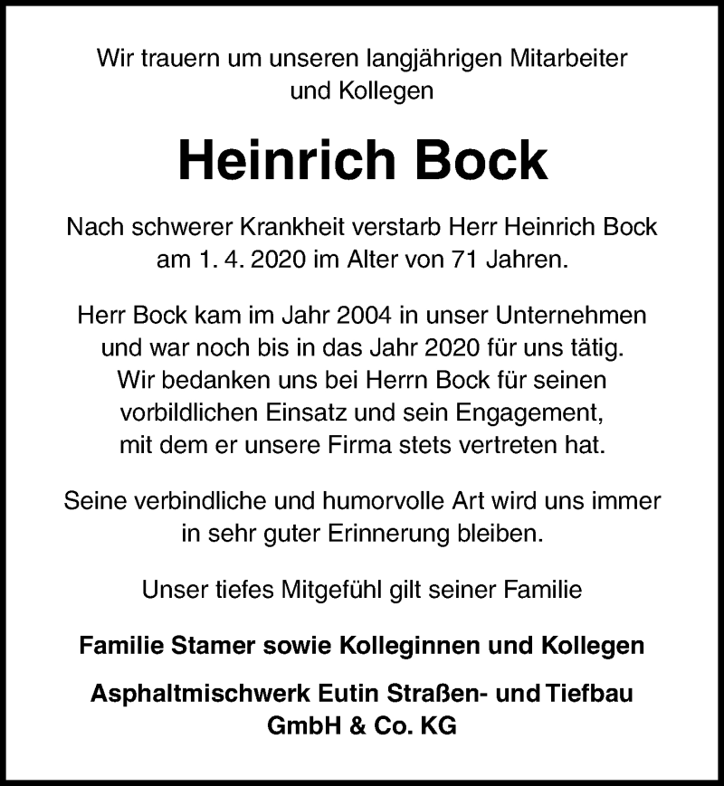  Traueranzeige für Heinrich Bock vom 05.04.2020 aus Lübecker Nachrichten