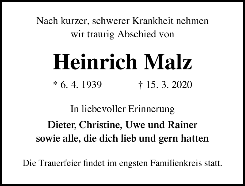  Traueranzeige für Heinrich Malz vom 04.04.2020 aus Ostsee-Zeitung GmbH
