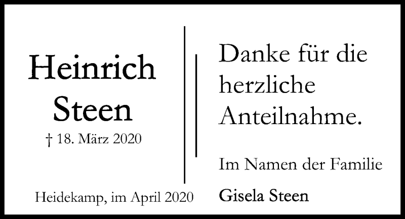  Traueranzeige für Heinrich Steen vom 18.04.2020 aus Lübecker Nachrichten