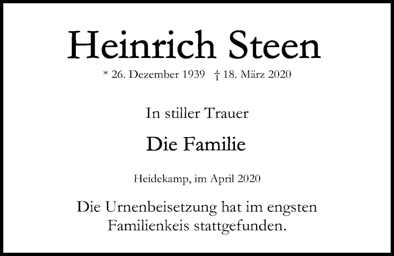  Traueranzeige für Heinrich Steen vom 04.04.2020 aus Lübecker Nachrichten