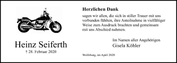 Traueranzeige von Heinz Seiferth von Aller Zeitung