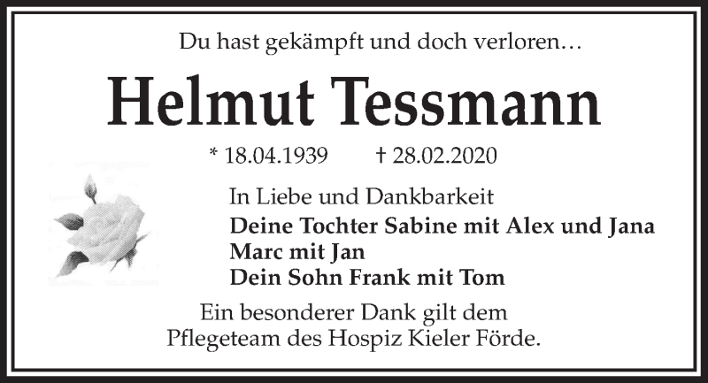  Traueranzeige für Helmut Tessmann vom 04.04.2020 aus Kieler Nachrichten
