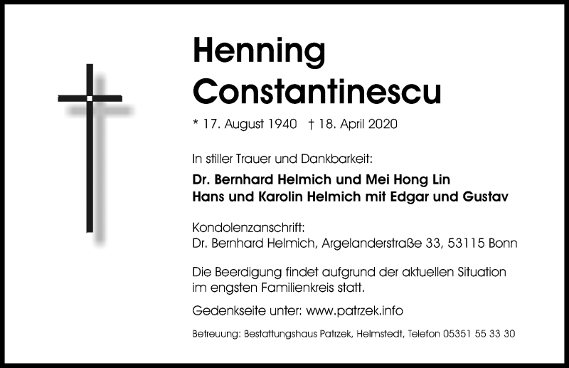  Traueranzeige für Henning Constantinescu vom 25.04.2020 aus Peiner Allgemeine Zeitung