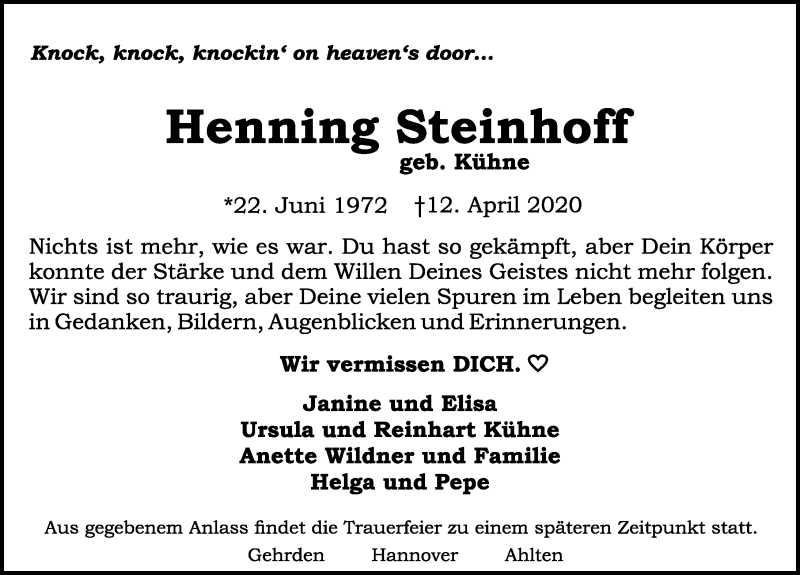  Traueranzeige für Henning Steinhoff vom 18.04.2020 aus Hannoversche Allgemeine Zeitung/Neue Presse