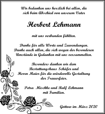 Traueranzeige von Herbert Lehmann von Märkischen Allgemeine Zeitung