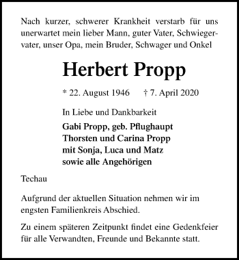 Traueranzeige von Herbert Propp von Lübecker Nachrichten