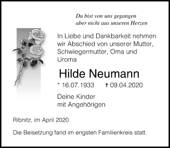 Traueranzeige von Hilde Neumann von Ostsee-Zeitung GmbH