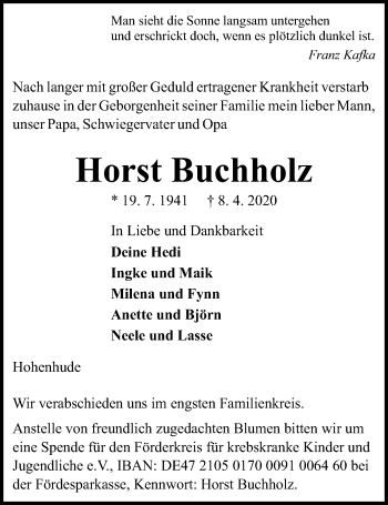Traueranzeige von Horst Buchholz von Kieler Nachrichten