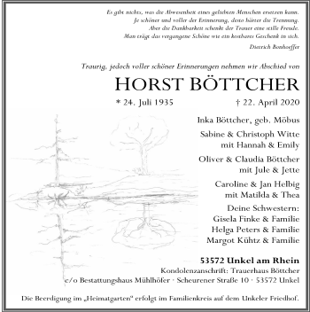 Traueranzeige von Horst Böttcher von Göttinger Tageblatt