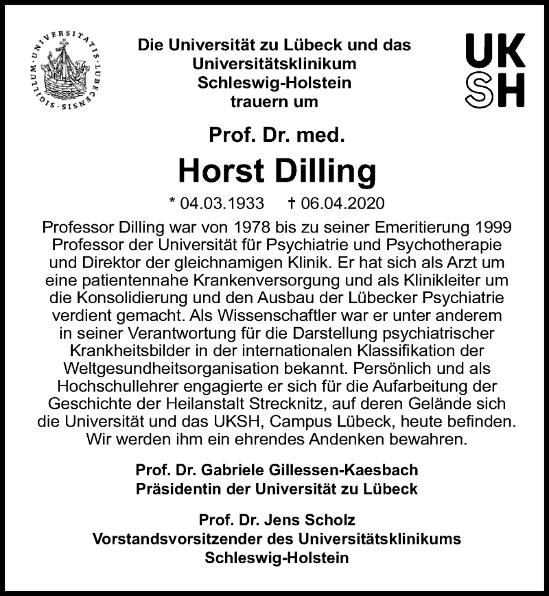  Traueranzeige für Horst Dilling vom 12.04.2020 aus Lübecker Nachrichten