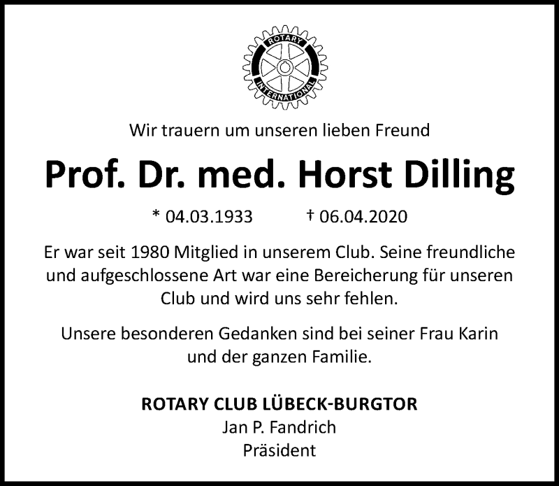  Traueranzeige für Horst Dilling vom 12.04.2020 aus Lübecker Nachrichten