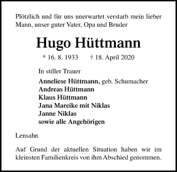 Traueranzeige von Hugo Hüttmann von Lübecker Nachrichten