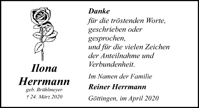  Traueranzeige für Ilona Herrmann vom 11.04.2020 aus Göttinger Tageblatt