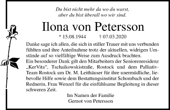 Traueranzeige von Ilona  von Petersson von Ostsee-Zeitung GmbH