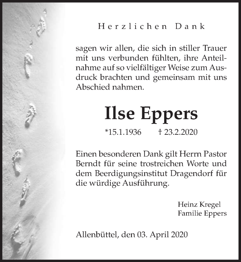  Traueranzeige für Ilse Eppers vom 03.04.2020 aus Aller Zeitung