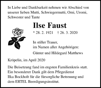 Traueranzeige von Ilse Faust von Ostsee-Zeitung GmbH