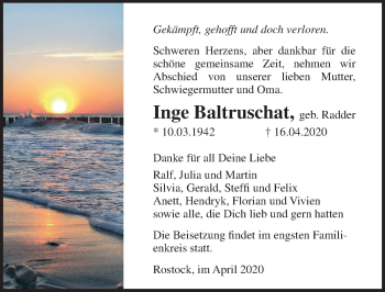Traueranzeige von Inge Baltruschat von Ostsee-Zeitung GmbH