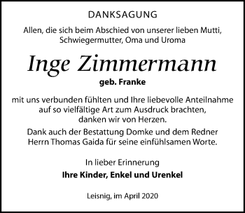 Traueranzeige von Inge Zimmermann von Leipziger Volkszeitung