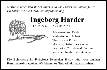 Traueranzeige von Ingeborg Harder von Ostsee-Zeitung GmbH