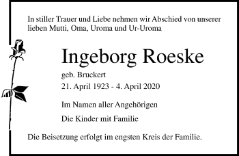 Traueranzeige von Ingeborg Roeske von Ostsee-Zeitung GmbH