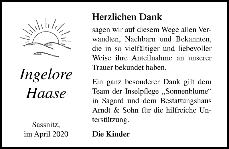 Traueranzeige für Ingelore Haase vom 25.04.2020 aus Ostsee-Zeitung GmbH