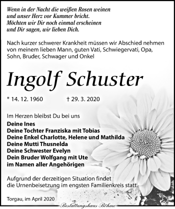 Traueranzeige von Ingolf Schuster von Torgauer Zeitung