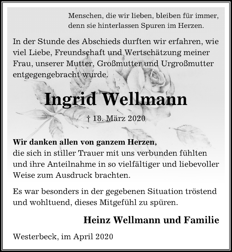  Traueranzeige für Ingrid Wellmann vom 11.04.2020 aus Aller Zeitung