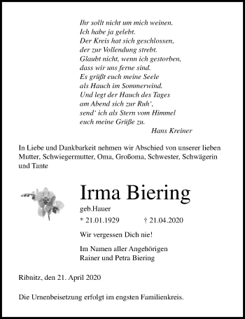 Traueranzeige von Irma Biering von Ostsee-Zeitung GmbH