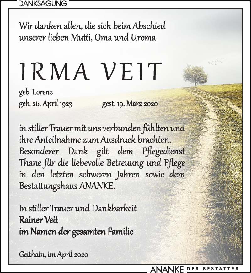  Traueranzeige für Irma Veit vom 25.04.2020 aus Leipziger Volkszeitung