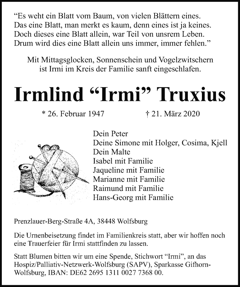  Traueranzeige für Irmlind Truxius vom 03.04.2020 aus Aller Zeitung