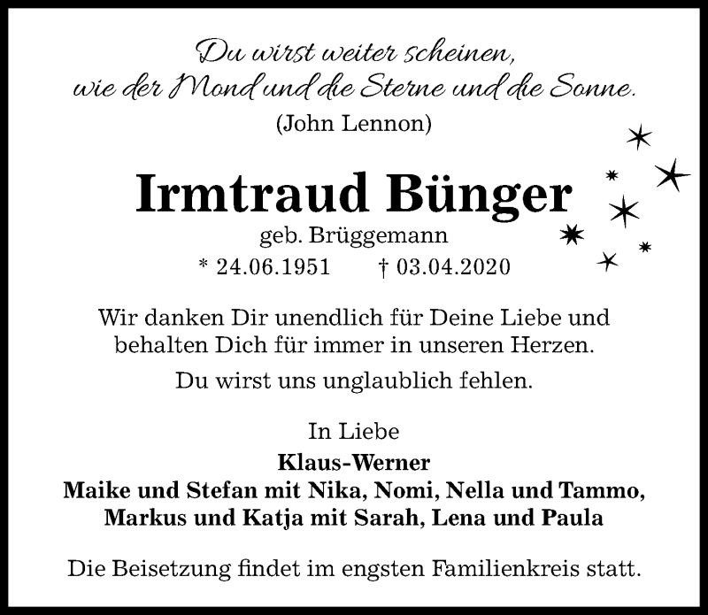  Traueranzeige für Irmtraud Bünger vom 11.04.2020 aus Hannoversche Allgemeine Zeitung/Neue Presse