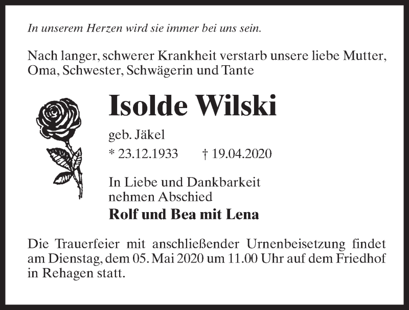  Traueranzeige für Isolde Wilski vom 25.04.2020 aus Märkischen Allgemeine Zeitung