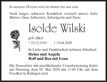 Traueranzeige von Isolde Wilski von Märkischen Allgemeine Zeitung