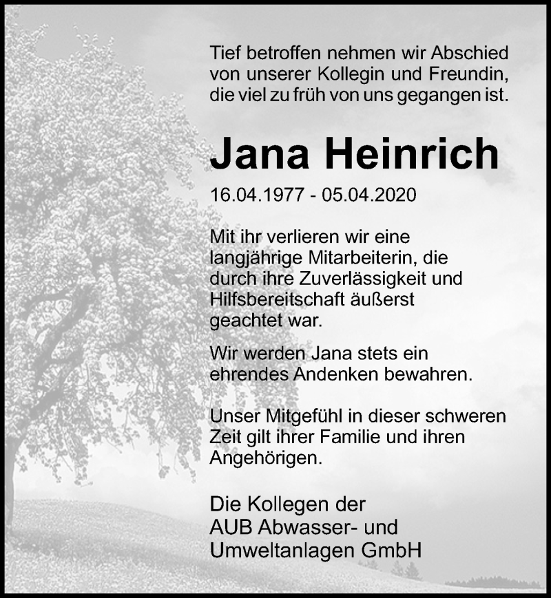  Traueranzeige für Jana Heinrich vom 11.04.2020 aus Ostsee-Zeitung GmbH