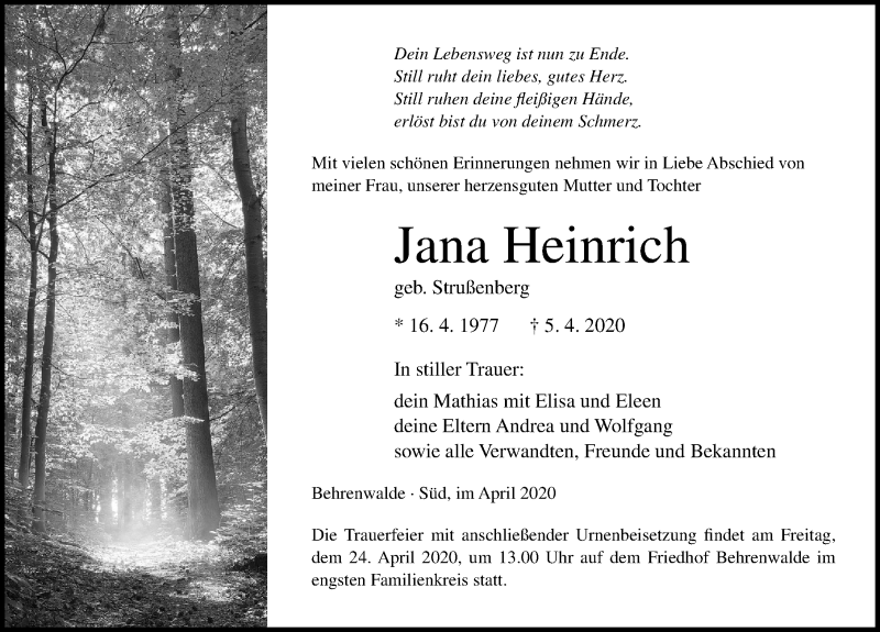 Traueranzeige für Jana Heinrich vom 11.04.2020 aus Ostsee-Zeitung GmbH