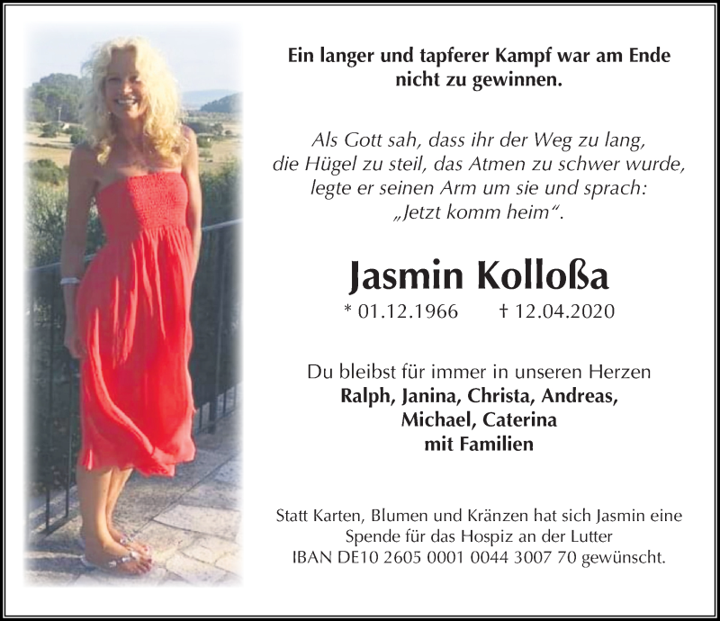  Traueranzeige für Jasmin Kolloßa vom 18.04.2020 aus Göttinger Tageblatt