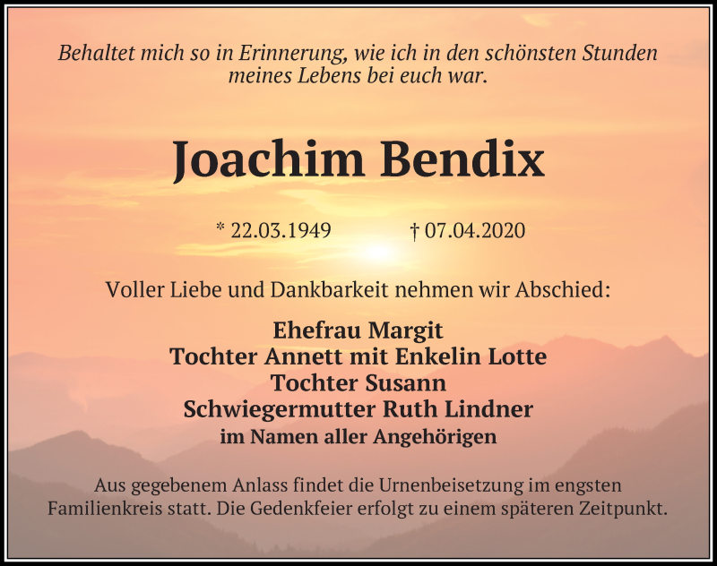  Traueranzeige für Joachim Bendix vom 18.04.2020 aus Leipziger Volkszeitung
