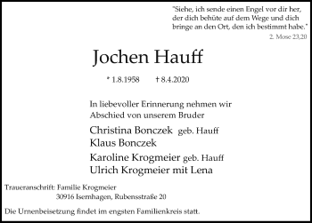 Traueranzeige von Jochen Hauff von Hannoversche Allgemeine Zeitung/Neue Presse