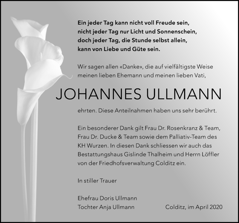  Traueranzeige für Johannes Ullmann vom 25.04.2020 aus Leipziger Volkszeitung