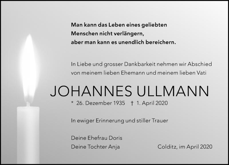  Traueranzeige für Johannes Ullmann vom 11.04.2020 aus Leipziger Volkszeitung