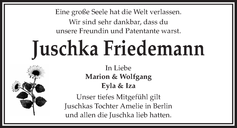  Traueranzeige für Juschka Friedemann vom 11.04.2020 aus Kieler Nachrichten