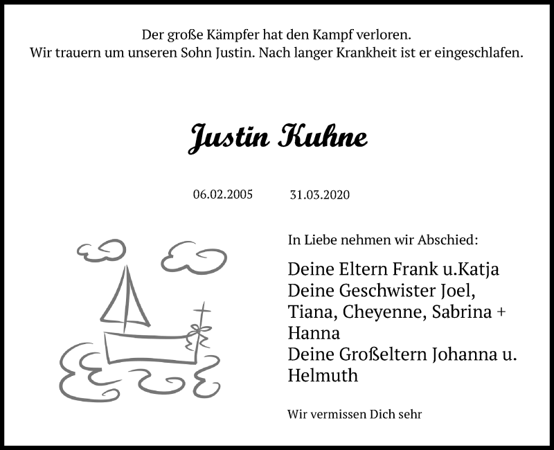  Traueranzeige für Justin Kuhne vom 12.04.2020 aus Lübecker Nachrichten