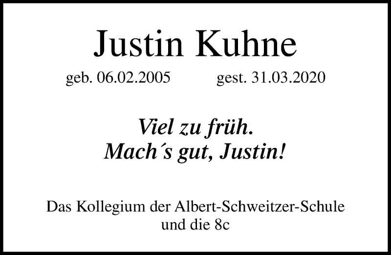  Traueranzeige für Justin Kuhne vom 05.04.2020 aus Lübecker Nachrichten